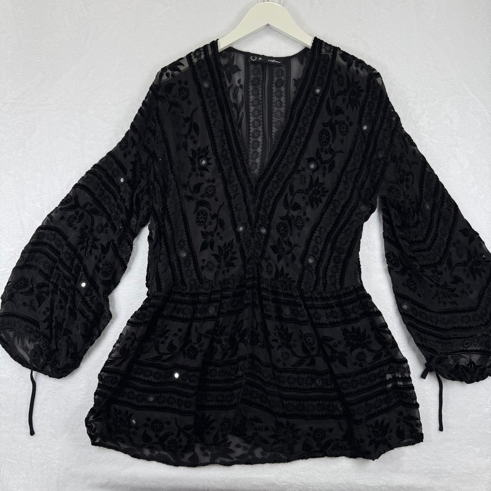 For Love & Lemons Black Lace Boho Embroidered Mirror Detail Long Sleeve M Sheer